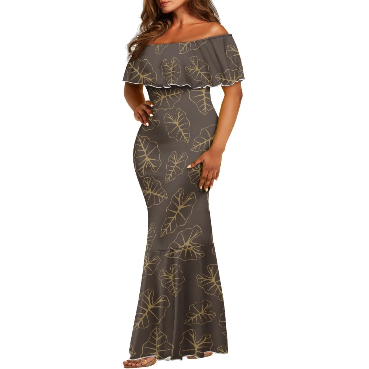 ชุดเดรสออกงานลายใบเผือกเขตร้อนแบบเกาะทะเล  ชุดเดรสทรงเมอร์เมดเปิดไหล่  ชุดเดรสค็อกเทลสีน้ำเงินเข้มเข้ารูปสั่งตัดได้