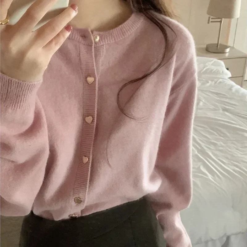 

For Women Comfortable O-Neck Coat Ladies Korean Heart Single-Breasted Cardigan Woman Autumn Winter Soft Solid Warm Sweater