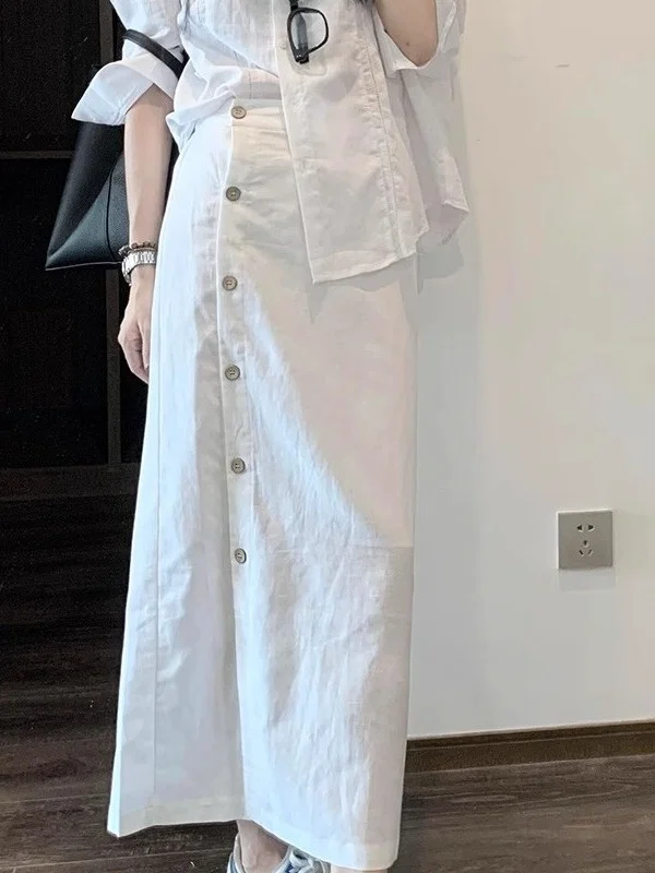 

Модная белая юбка прямого кроя с высокой талией в корейском стиле, с боковыми пуговицами, уникальная, стройнящая, летняя, новая, элегантная женская юбка