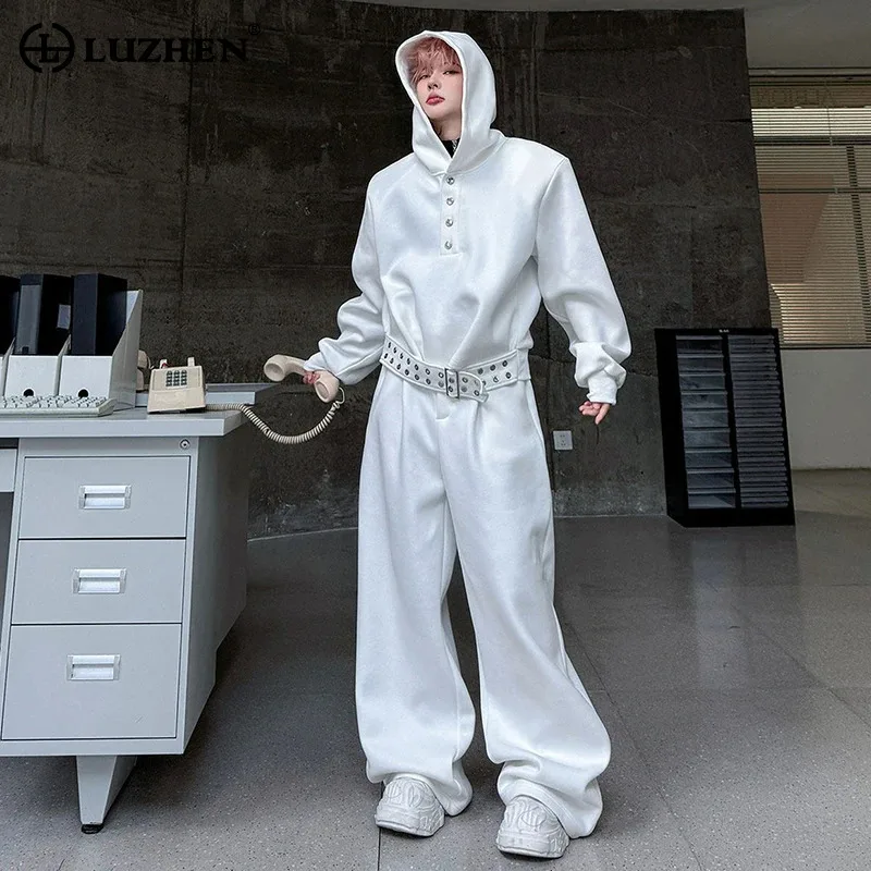 

LUZHEN 2026, стильные красивые комплекты из двух предметов, однотонные толстовки с поясом, пуловеры, мужские свободные прямые повседневные брюки JY5895