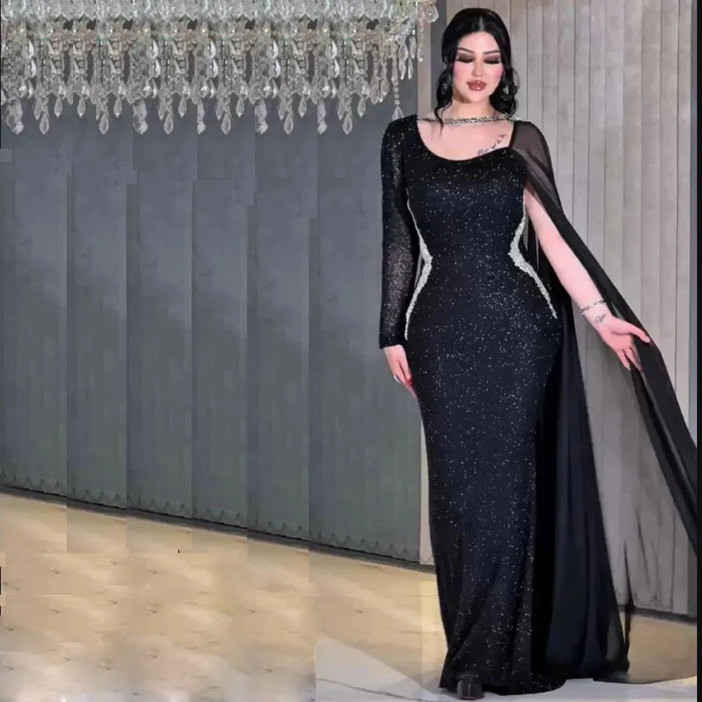 여성을위한 쉬폰 목도리 불규칙한 넥 라인 싱글 슬리브 갈라 드레스와 맞춤형 반짝이 이브닝 드레스 Balck Mermaid Gown