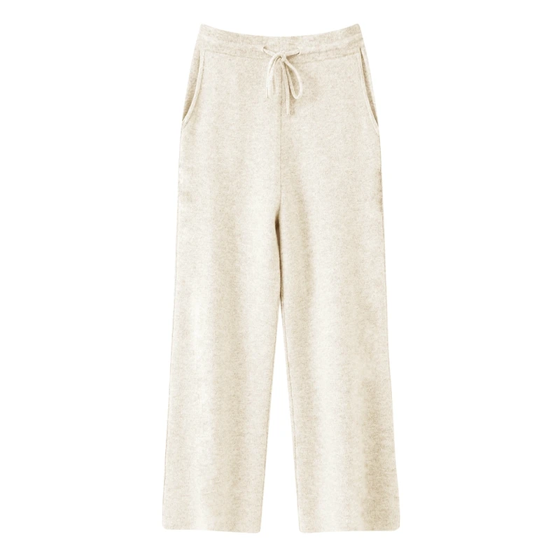 2025 Heren 100% merinowol dikke elastische taille wijde pijpen herfst winter gebreide broek warme comfortabele casual losse lange broek