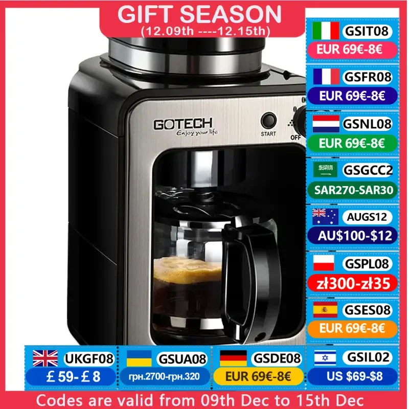 Household Coffee Maker American Drip Type 1-4 Cups With Coffee Bean Grinder Beans Powder Dual Use Coffee Machine For Office