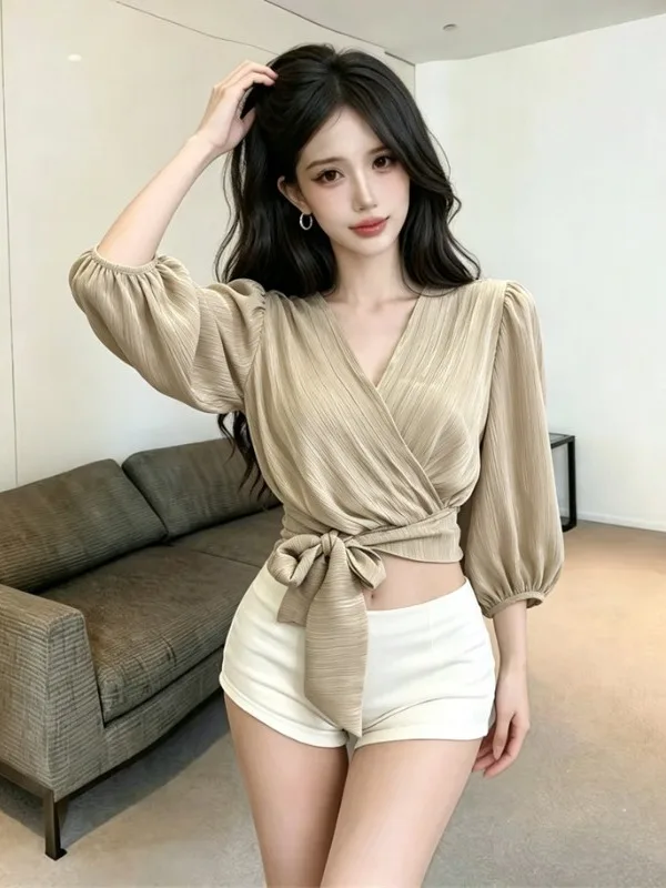 

Pure Desire Atmosphere Snowflake Chiffon Top Women Summer Waist Cinching Slim V-neck Bubble Sleeve Tie Design Belly Shirt