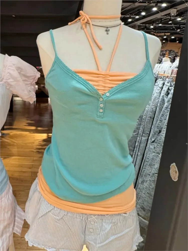 Teal V-neck Buttons Tank Tops Women Summer Simple All-match Chic Slim Cotton Camisole Female Vintage Sweet Preppy Style Vest Y2K