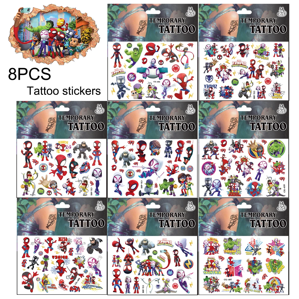 سبايدي وأصدقائه المذهلين ملصقات الوشم سبايدرمان موضوع حفلة عيد ميلاد تفضل جودي حقيبة الحشو DIY عصا ديكور المنزل