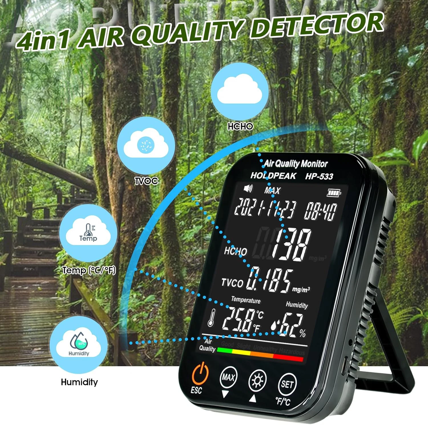 Air Quality Monitor- HCHO, TVOC, Humidity & Temp Detector with Alarm. Ideal for Home & Office, USB-C Rechargeable HP-533M