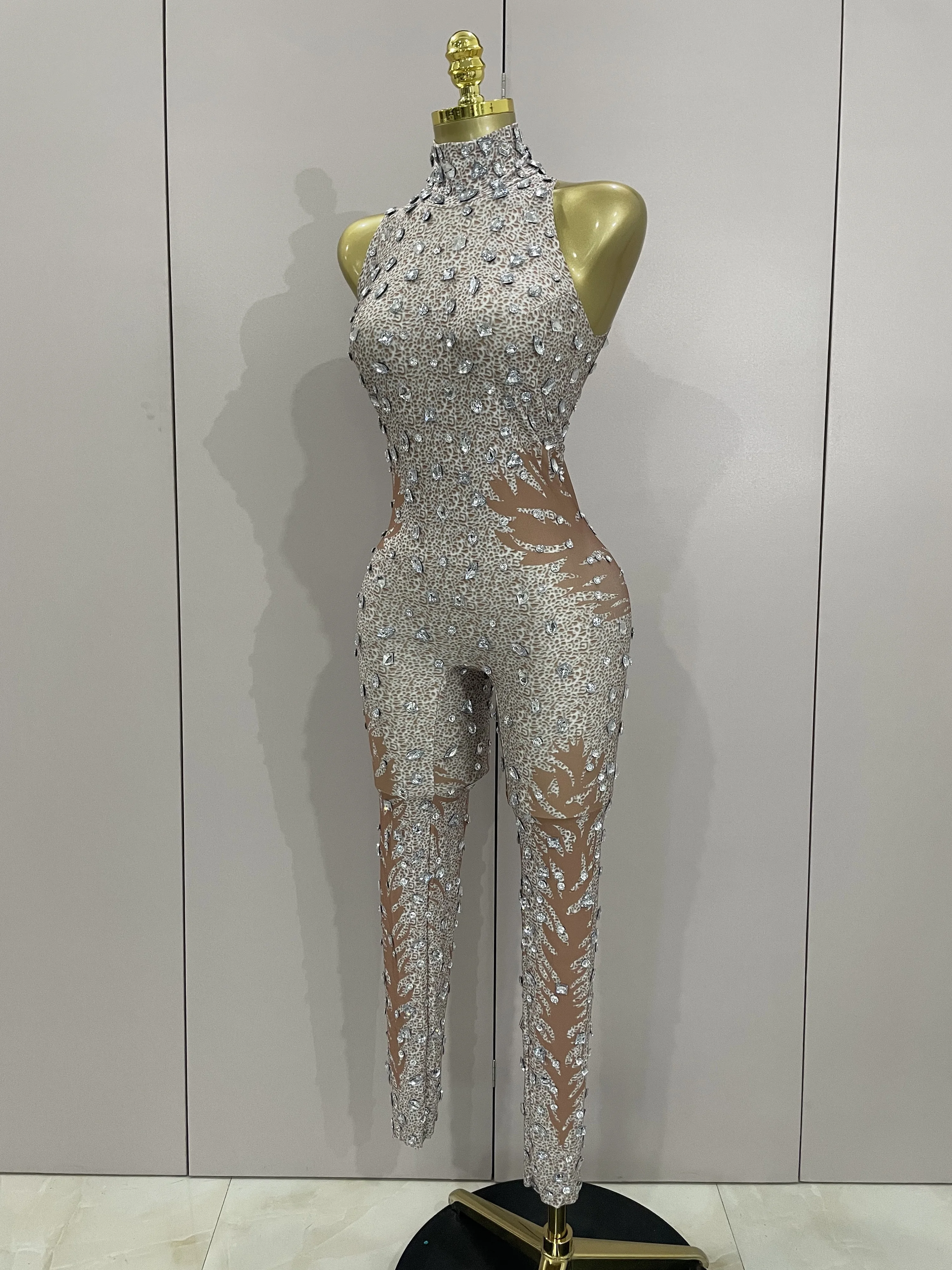 مثير سباركلي الراين أكمام غمد بذلة النساء احتفال مساء حفلة عيد ميلاد ملهى ليلي الرقص الفاخرة المرحلة الزي