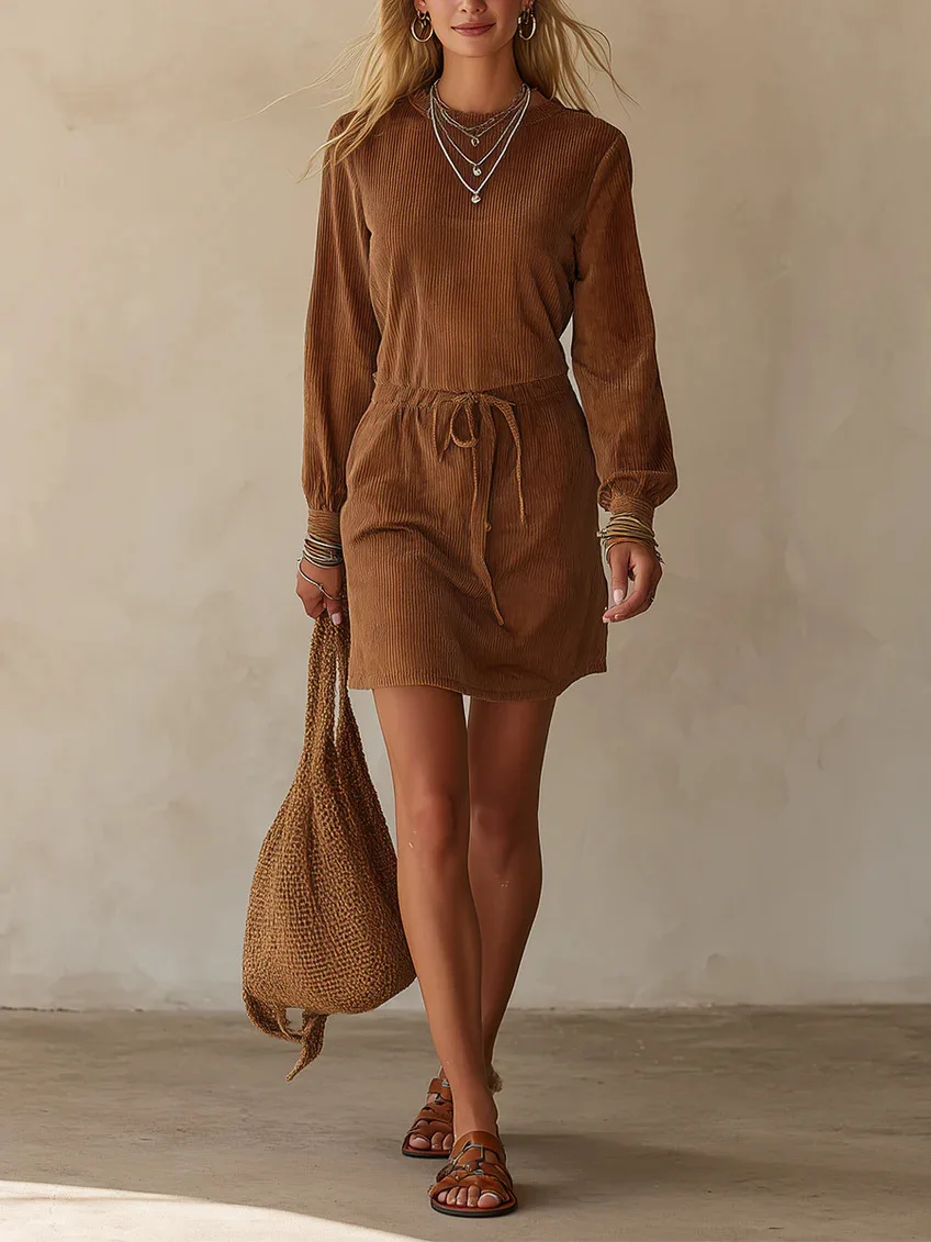 Autumn Winter Women Crew Neck Corduroy Textured Mini Dress Long Sleeve Drawstring Waist Casual Loose Vintage Basic Short Dress