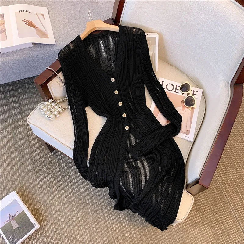 New Korean Style V-neck Hollowed Out Perforated Mid Length Commuting Coat Women Ice Silk Loose Cardigan Design Sense of Knitwear