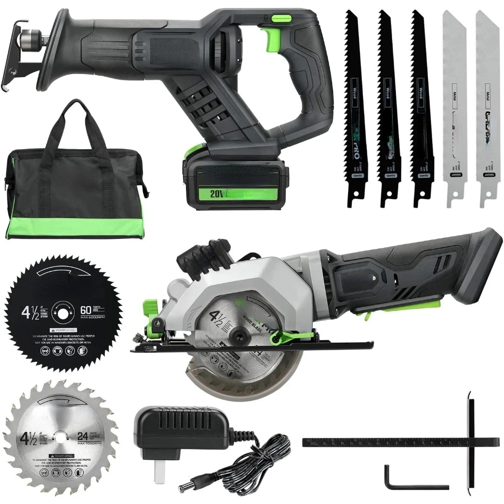 

Circular Saw and Reciprocating Saw Combo Kit with 1pcs 4.0Ah Lithium Battery and One Charger, 7 Saw Blades and Tool Bag