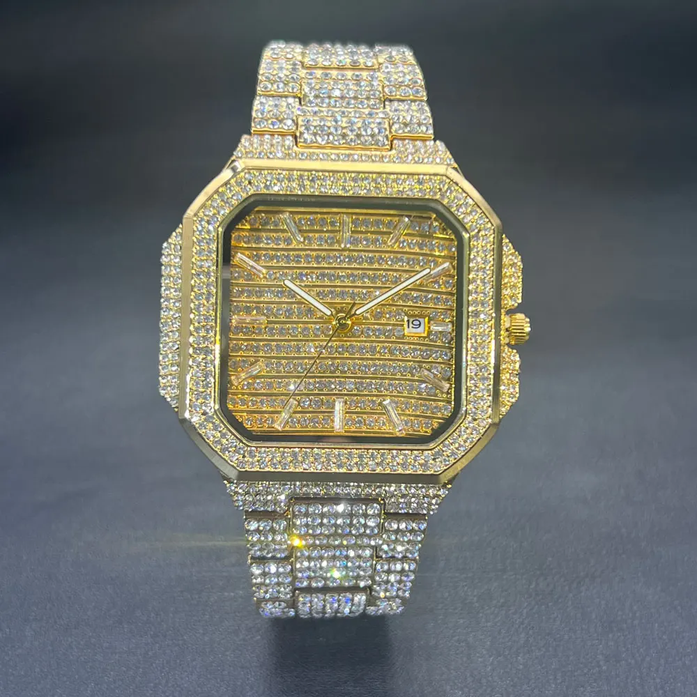MISSFOX Watch For Men Luxury Gold Square Men's Wristwatch Alloy Strap Full Diamond Business Quartz Watch For Man Clock Gifts