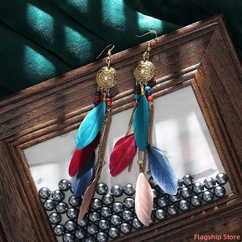 N Sle Long Feather Tassel Earrings Women's Vintage Hong Kong Court Hepburn Eth Faion Jewelry Accories