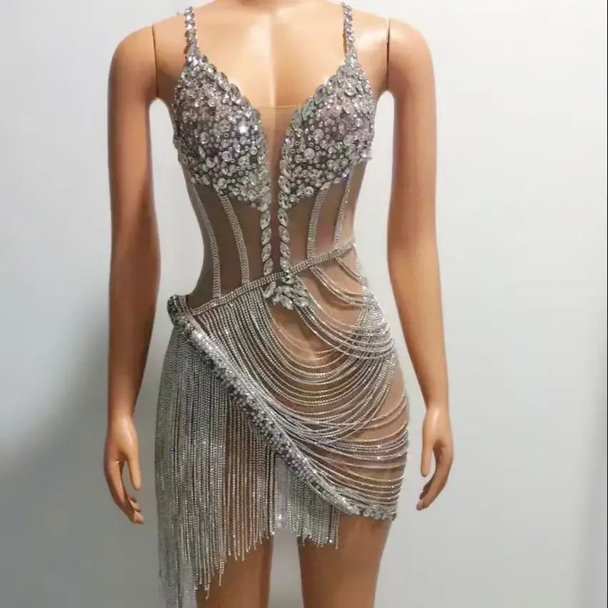 Vestido de lujo con cadena de diamantes para cantante, traje de diseñador de marca para fiesta, espectáculo de cumpleaños