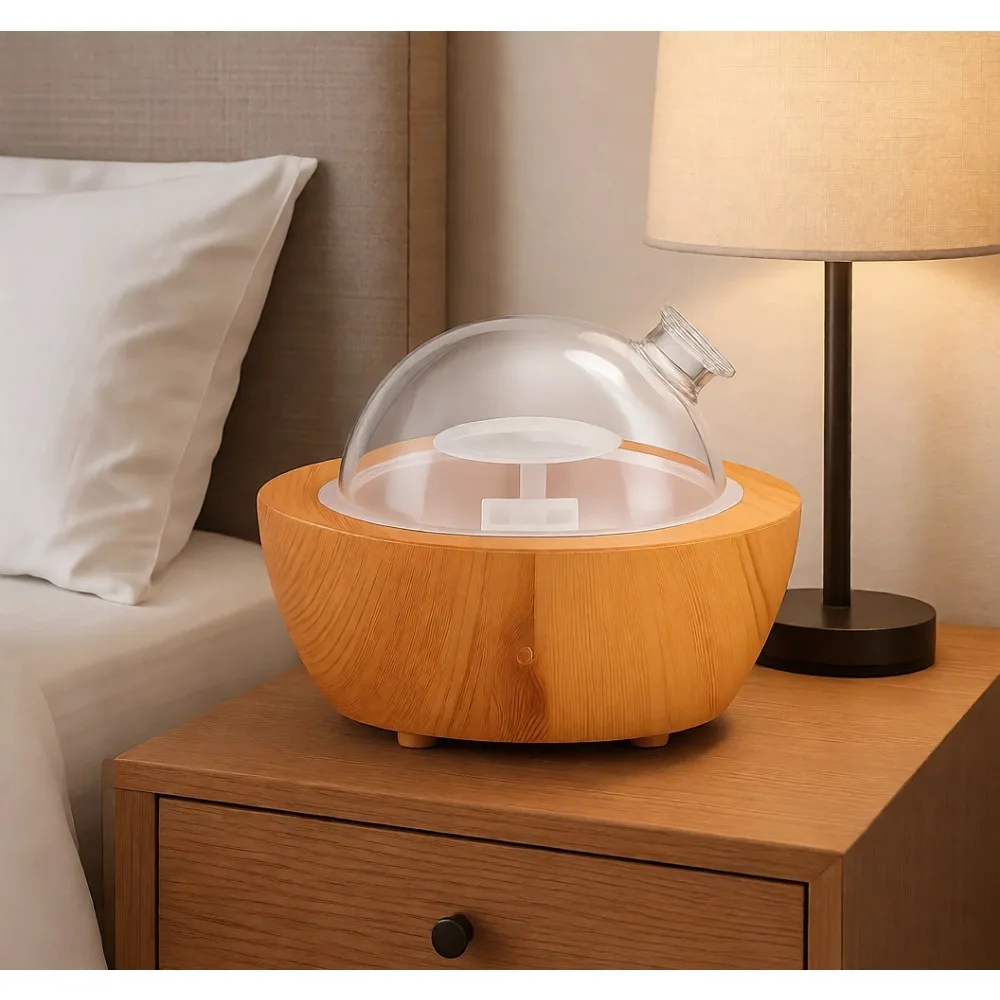 

Аромадиффузор из стекла 280 мл с основанием под дерево, увлажнитель с холодным туманом, автоматическое отключение, 7-цветная LED-подсветка