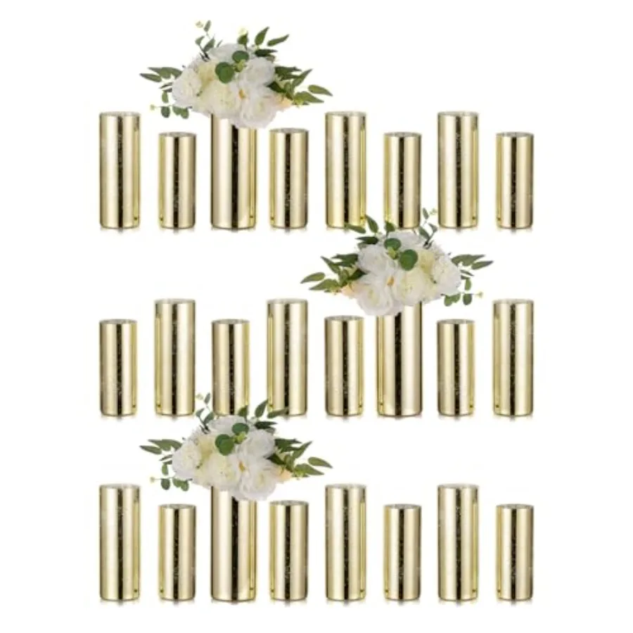 Glass cylinder vases set of 24 for wedding anniversary events, glittery gold glass hurricane candle holders for pillar and floa