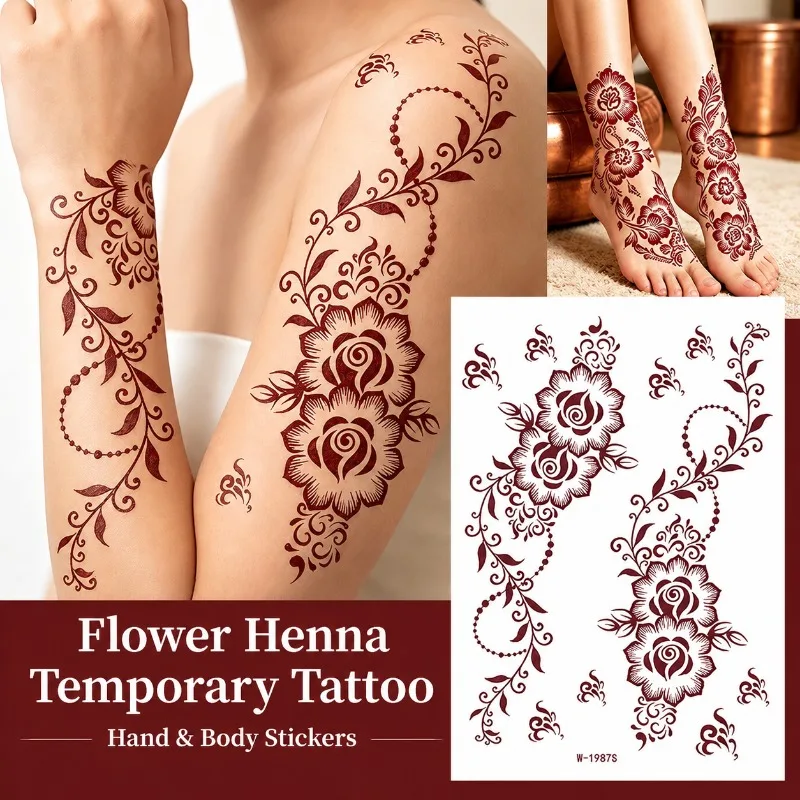 Reddish Brown Henna Tattoo Sticker Waterproof Indian Mehndi Hand-painted Temporary Body Decal Festival Skin Art Decor Party