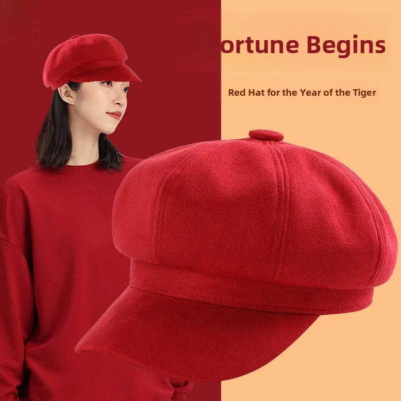 

Red Woolen Beret Hat Women's Autumn Winter Fashionable Cap High Top Duckbill Hat Octagonal Hat for Youth Travel Suitable