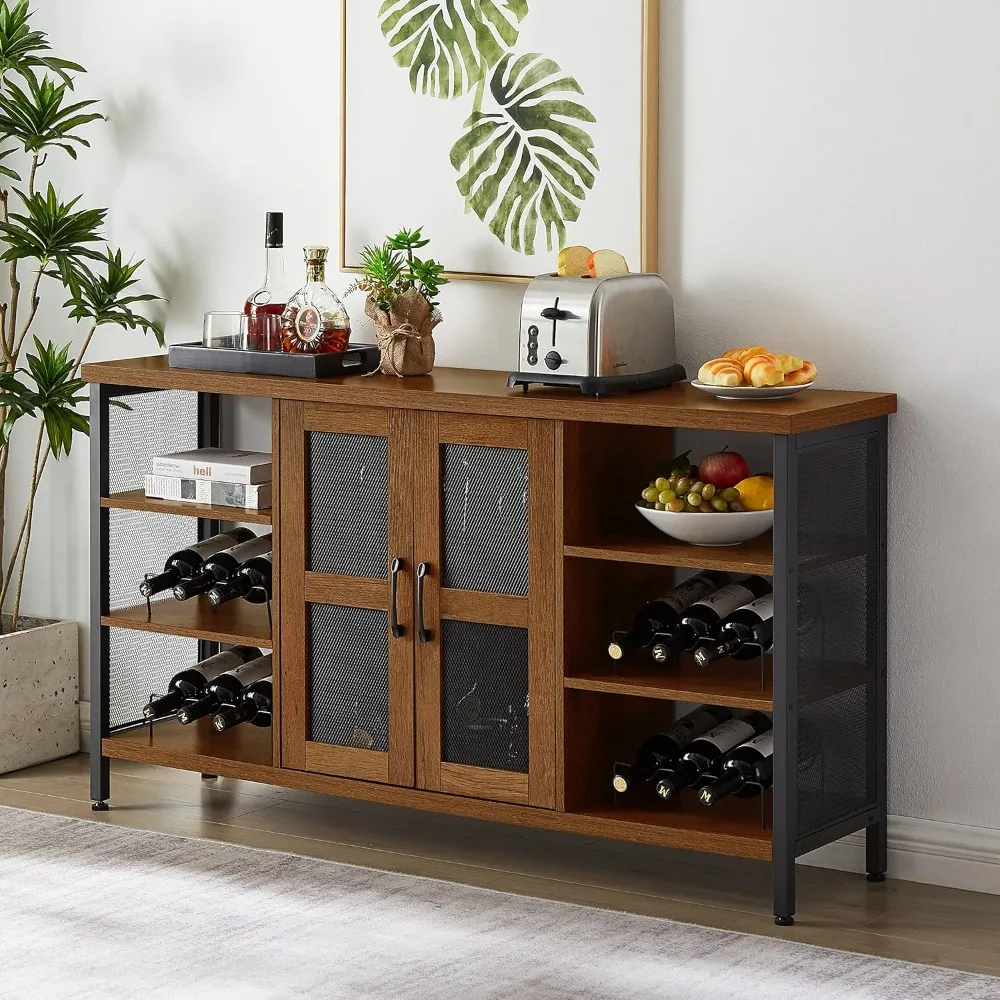 

Industrial Wine Bar Cabinets, Kitchen Coffee Bar Cabinet with Wine Racks & Stemware Holder, Liquor Cabinet Bar