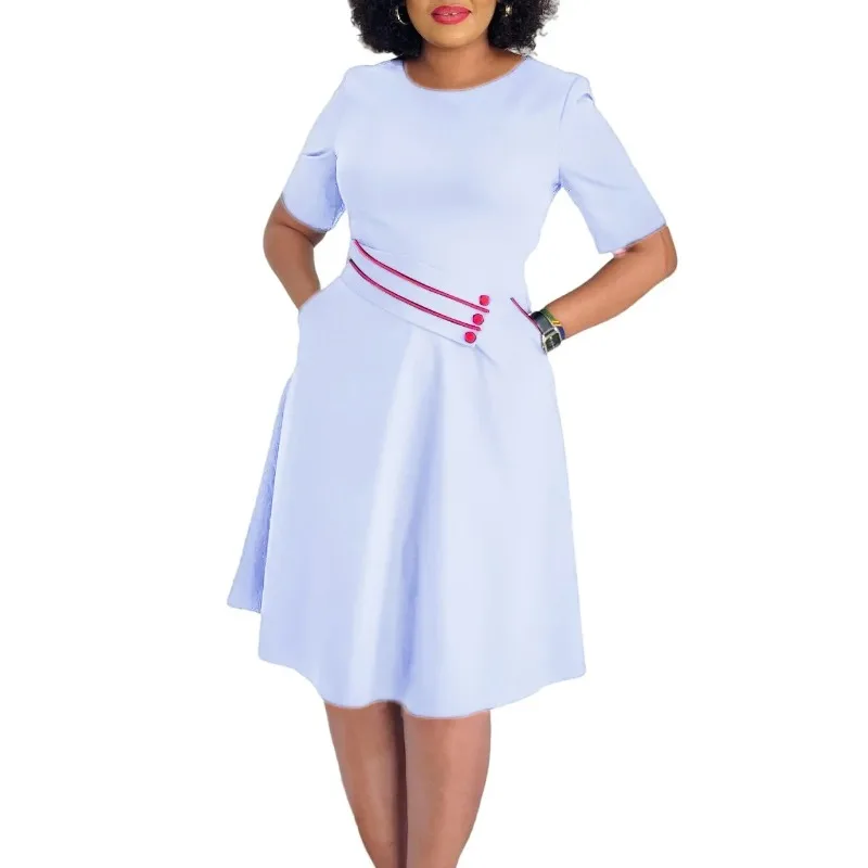 

Dashiki African Dresses for Women Elegant 2025 Summer Polyester Short Sleeve O-neck High Waist Midi Dress Africa Clothing S-3XL