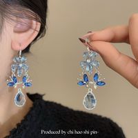 Charm Female Blue Zircon Stone Flower Water Drop Earrings Cute Trendy Bridal Silver Color Wedding Jewelry For Women