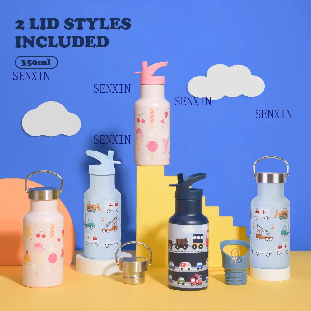 

350 мл двухслойная спортивная бутылка для воды из нержавеющей стали, портативная ручка с двойной крышкой и соломенной вакуумной чашкой