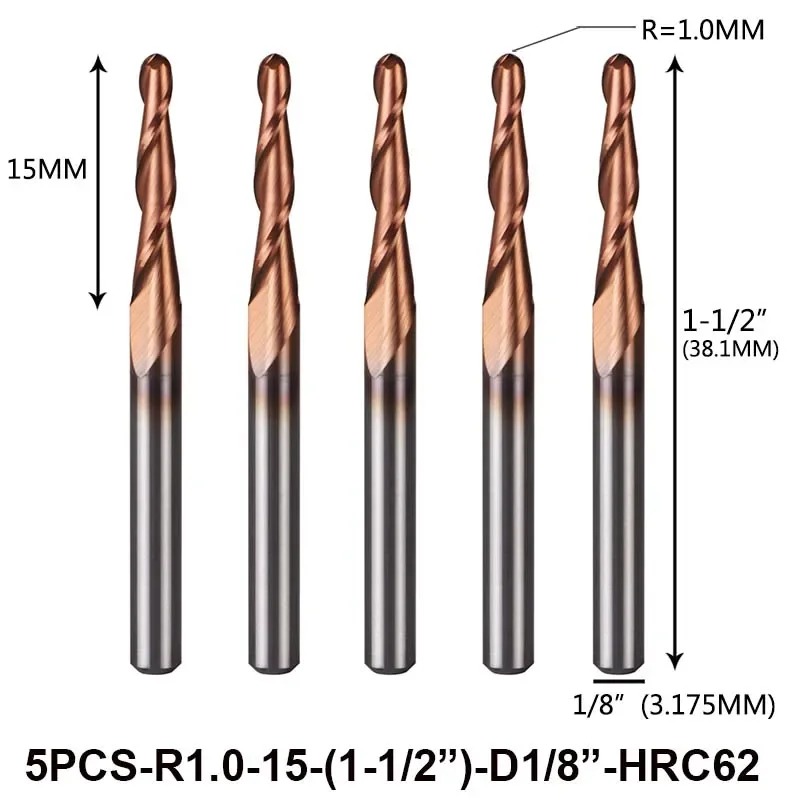 5 stks/partij carbide Vhm Inch Maat 3.175mm Bal Neus Tapered Frees Frezen Taper Hout Frees