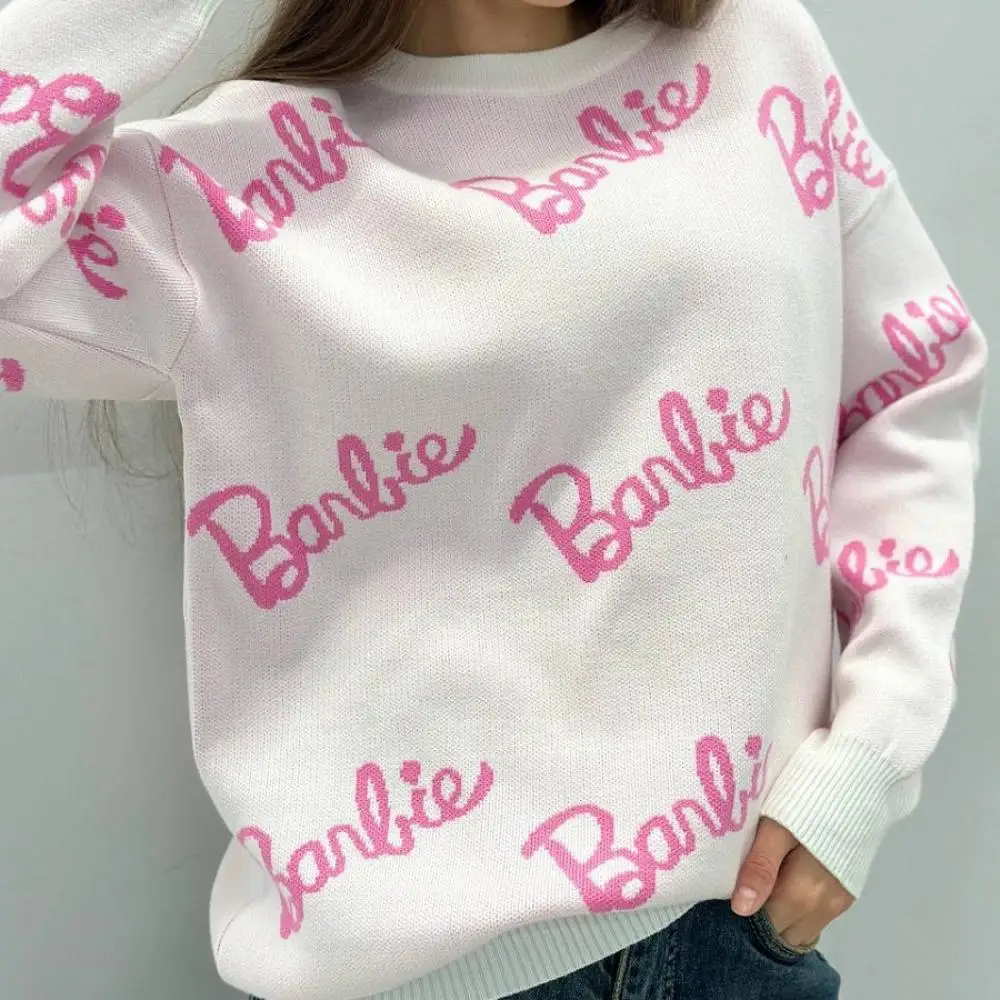 Cute Hot Girls Barbie Knitting Sweater Cartoon Anime Long Sleeves O-Collar Tops Winter Spring Student Soft Loose Leisure Tops