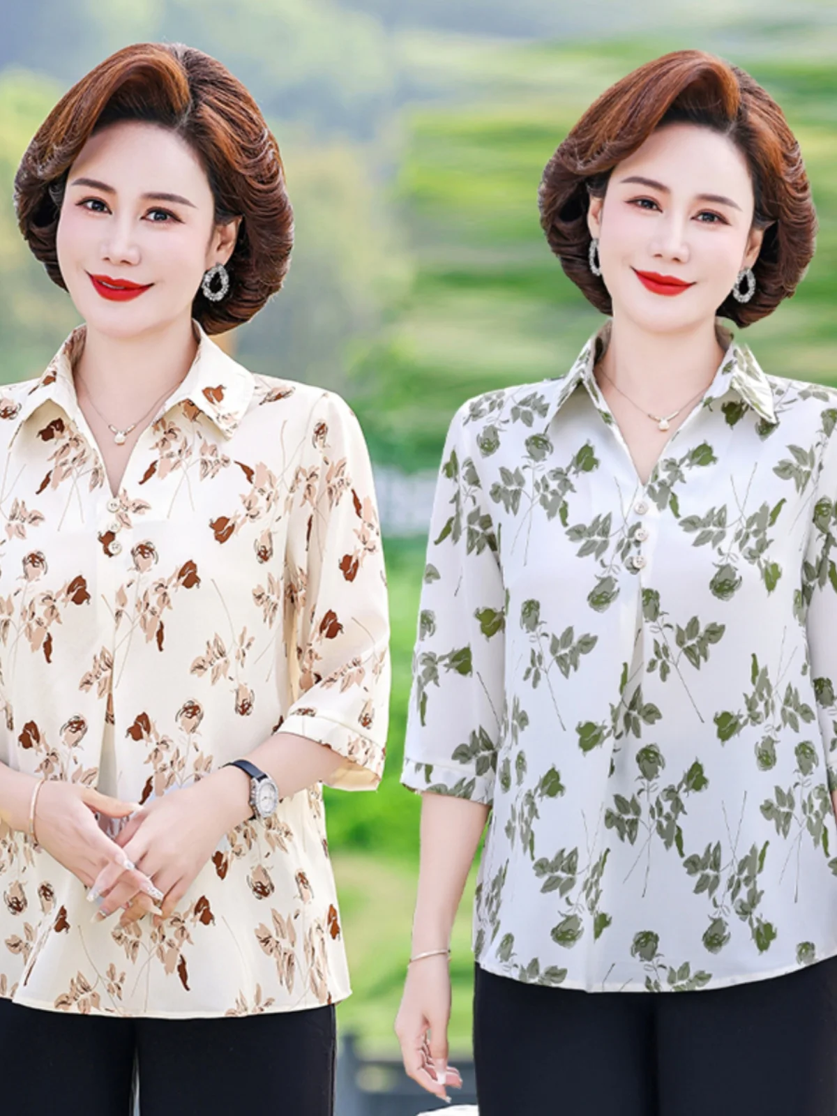 

Casual Faionable Loose Summer irt for Middle-Aged Women Mom Large Size Belly Covering Casual Mid-Sve Chiffon Collar Top