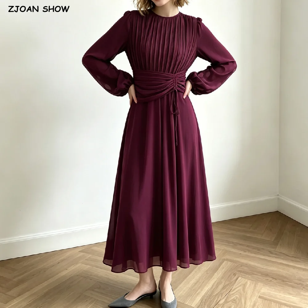 Vintage Women Pleated Front Long Puff Sleeve Chiffon Dress Bow Drawstring Slim High Waist Ankle Length Dresses Femme Robe