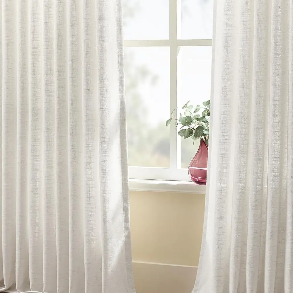 Linen Blend Sheer Curtains, 84 Long, Beige, Light Filtering with Hook Rings, 2 Panels