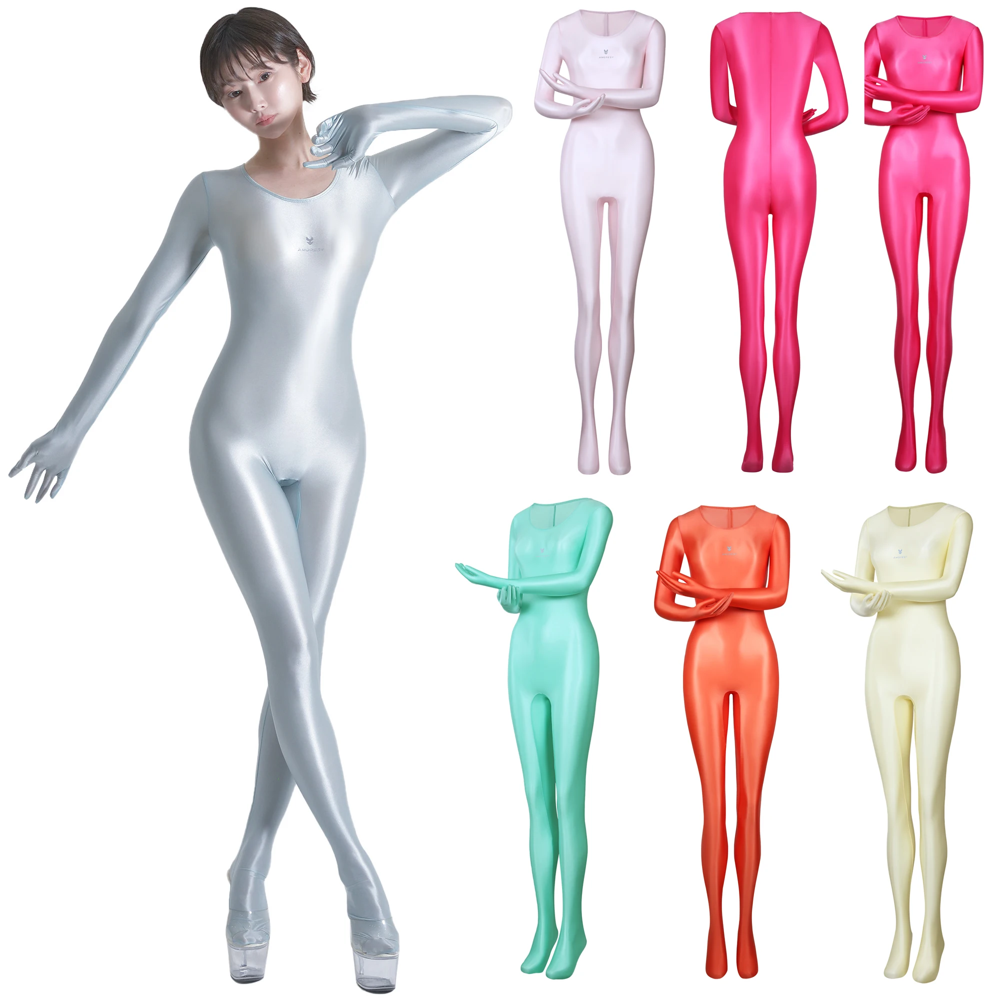 AMORESY Sexy Shiny Full Length Gloves Oil Tights Smooth Leotards Running Overall Yoga Zentai Casual Sport Jumpsuits Catsuits