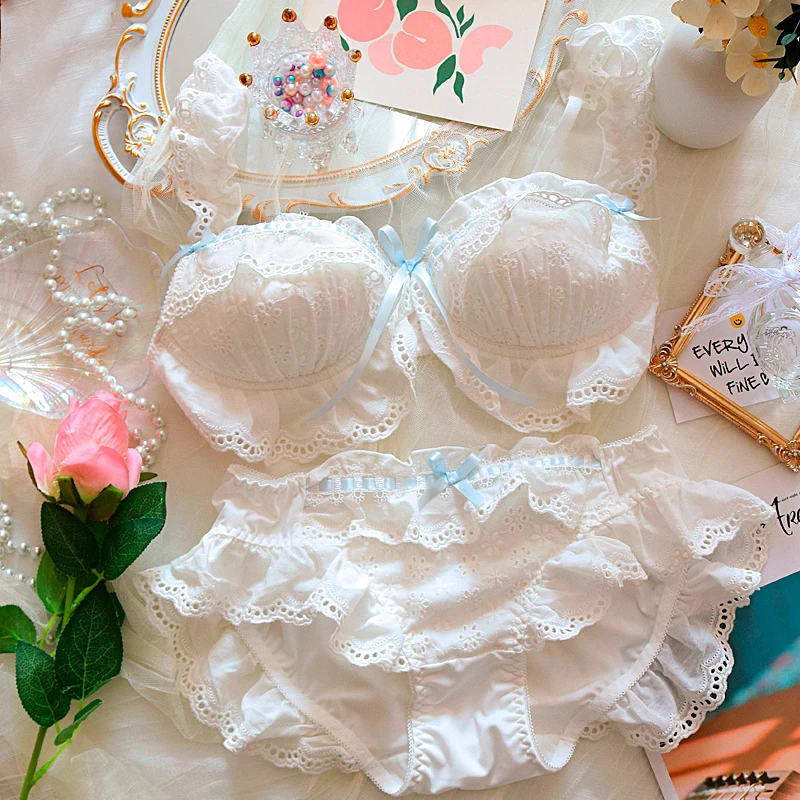 Japanese sweet girl underwear ruffles embroidery cotton micro-gather no steel ring bra set cute bow women lingerie panty