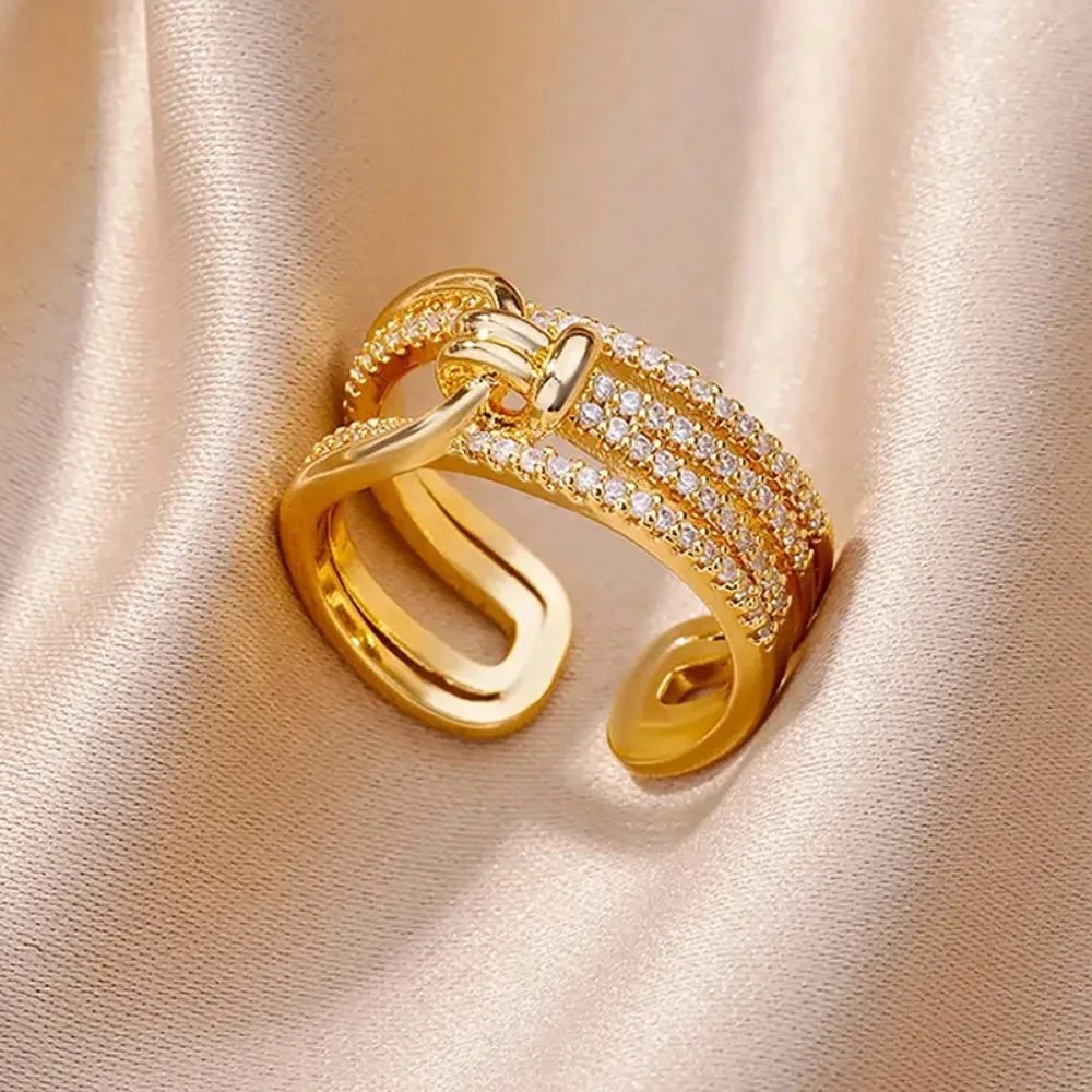 Luxury Double Layers Zircon Rings for Women Gold Plated Opening Stainless Steel Ring 2023 Trend Aesthetic Party Wedding Jewelry