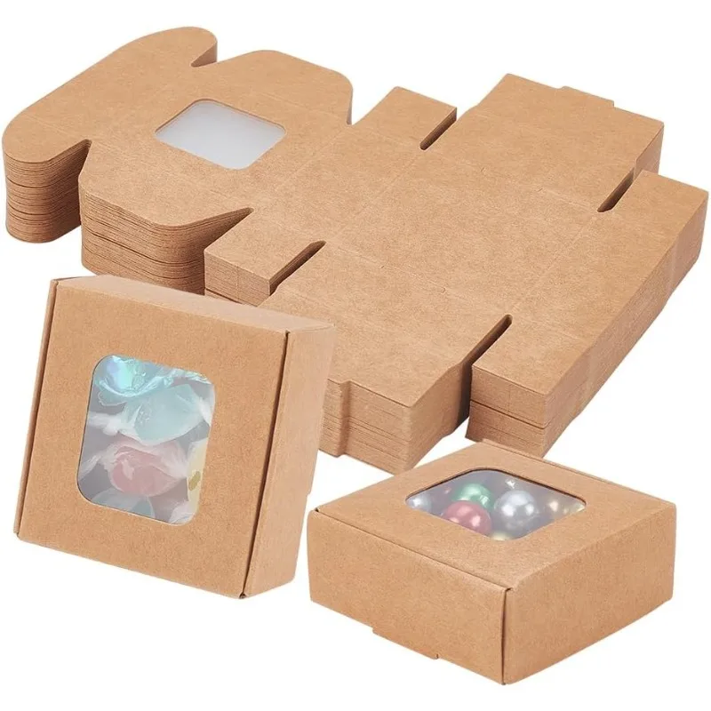 

48 Packs 2.2x2.2x1 Inch Brown Kraft Paper Box with Clear Windows Foldable Paper Gift Box Goodies Candy Box Dessert Box for Party