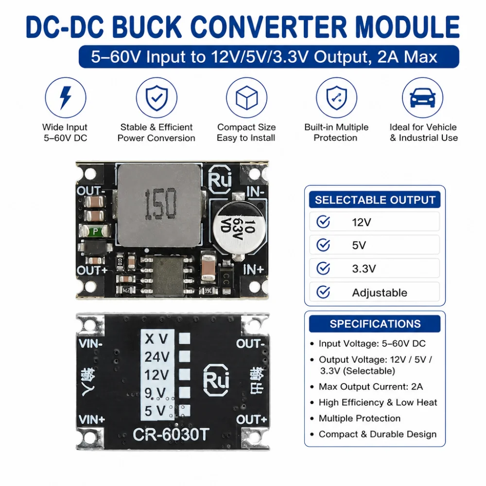 DC-DC Step-Down Module 60V to 48V, 36V to 24V to 12V, 5V, 3.3V Vehicle Power Conversion Step-Down Regulator Module