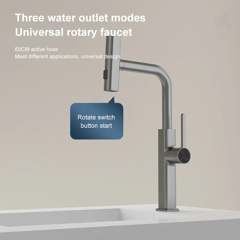 Rotating Waterfall Faucet Digital Display Pull Three-mode Water Outlet Tap Kitchen Sink Bar Bathroom Multifunctional Faucet
