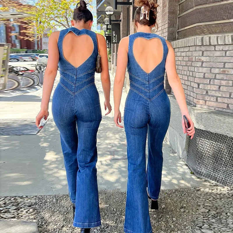 Vintage Backless Heart Cutout Bodycon Jumpsuit For Women 2023 Summer Sleeveless Slim One-Piece Outfits Fashion Denim Jumpsuits