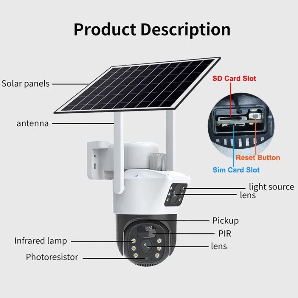 V380 Dual Lens 4G Sim Camera Solar Panel Outdoor Low Powered Cam Color Night Vision PIR Alarm Two Way Audio Solar CCTV IP Camera