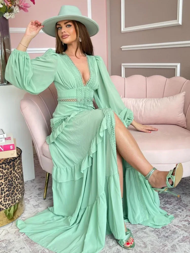 Women Sexy V-neck Lantern Long Sleeves Maxi Dress Elegant Patchwork Ruffles Hollow Lace Slim Dresses Summer Lady Party Robes