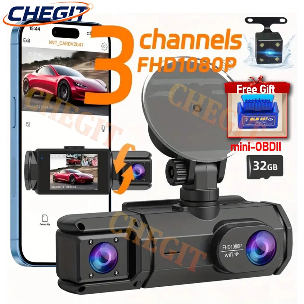 [Presente obd2] 1080p traço cam para carros, wifi app 2/ 3 câmera frontal e interna câmera de visão traseira visão noturna, carro dvr acessórios do carro camera para automóveis，camera carro veicular gravação，câmera vei