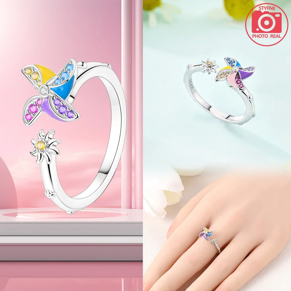 925 Sterling Silver Ring Spinning Windmill Ring For Women CZ Cubic Zircon Star Moon Flower Wedding Jewelry Rings Gifts