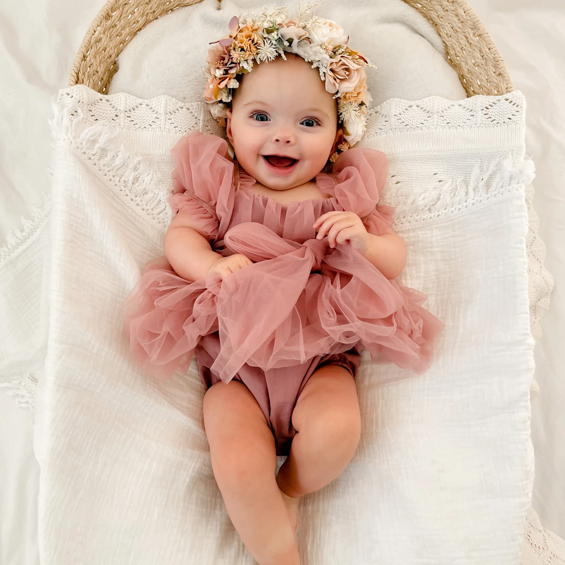 2026 New Summer Baby Girls Puff Sleeve Bow Tulle Princess Bodysuit | Full Moon 100 Days Outfit | Cute Romper Dress
