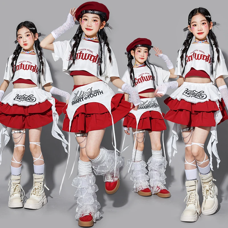

Детский комплект для танцев: белая укороченная футболка в стиле K-pop, многослойная красная юбка-пачка для уличных танцев, хип-хопа и джаза, детская уличная одежда