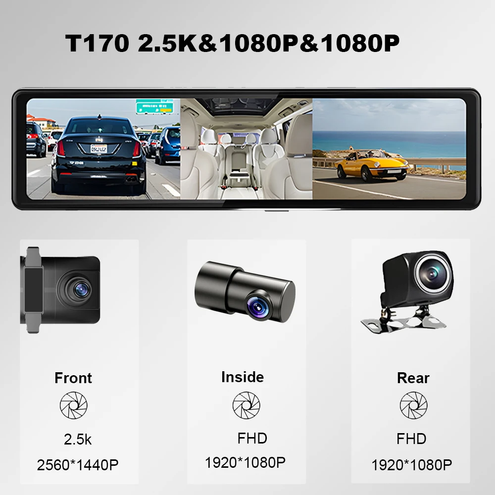 HGDO 2.5K&1080P&1080P Dash Cam 3 in 1 GPS WIFI CarPlay Video Recorder Android Auto Car DVR Front Inside Rear View Mirror Camera