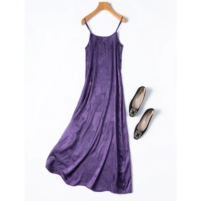 

Women Chemise 100% Mulberry Silk Purple Jacquard Silk Adjustable Straps V Neck Full Slip Long Type Midi Dress L XL M1391