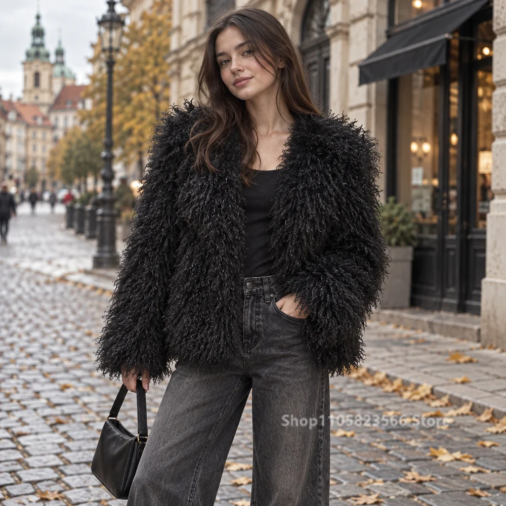 Women Faux Fur Coat  Fall Winter Faux Sheep Jacket Thick Warm Fluffy Outerwear Vintage Fashion Elegant Casual пальто женское