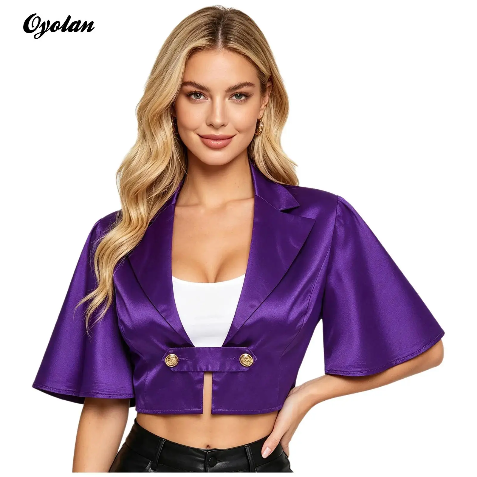 Womens Glossy Satin Short Crop Jacket Tops Lapel Collar Flared Short Sleeves Metal Decor Buckle Party Club Victorian Blazer