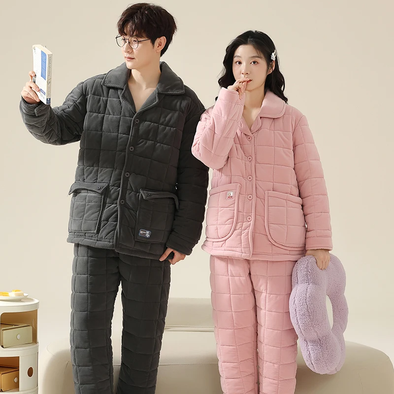 Couple Pajamas Set Men Women Hooded Pyjamas Male Female 3 Layer Clip Cotton Home Suit