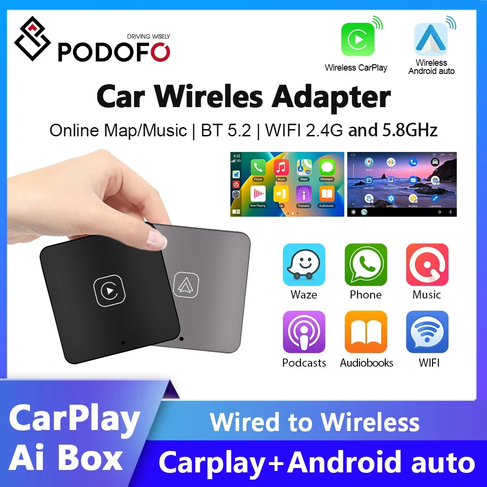 

Podofo Ai Box Wireless Android Auto Car Play Streaming Box For VW Audi Toyota Honda Strong WiFi Bluetooth Voice Assistant